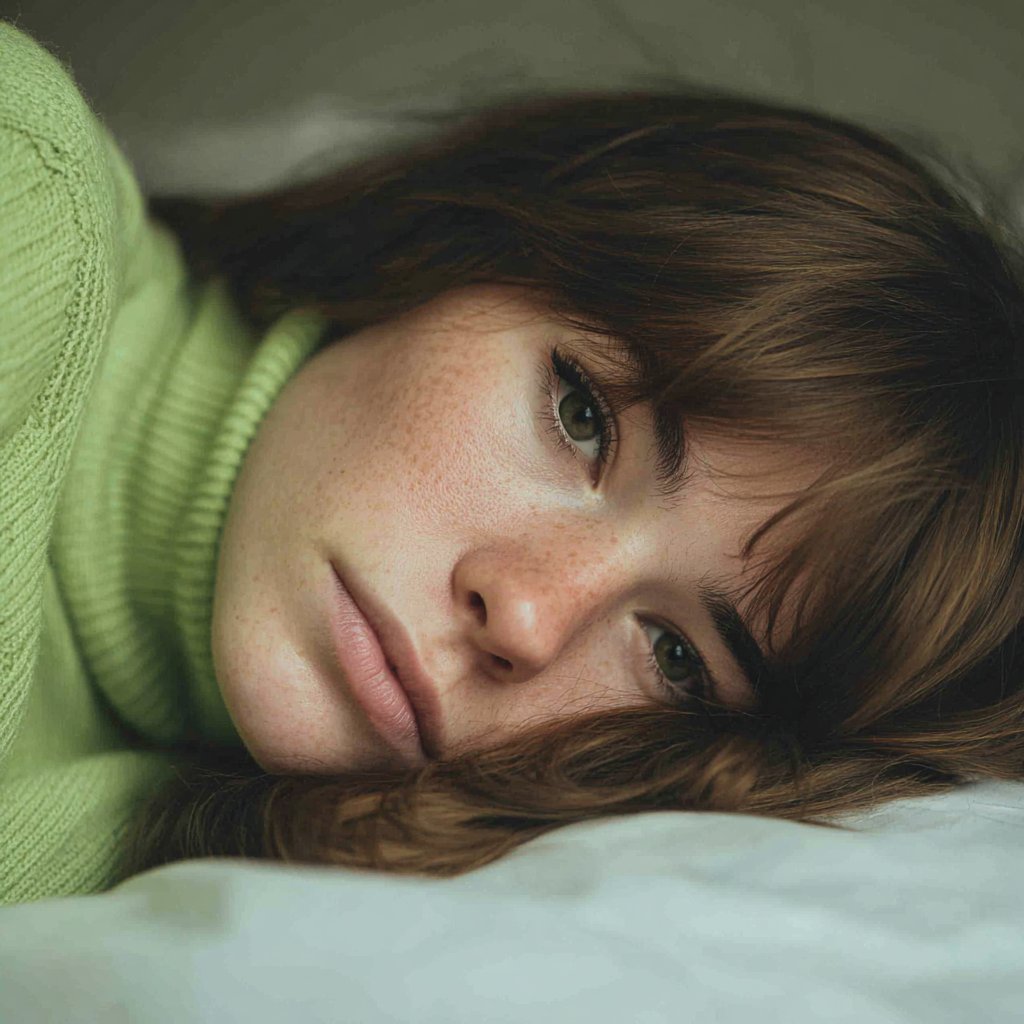 An upset woman lying on her bed | Source: Midjourney
