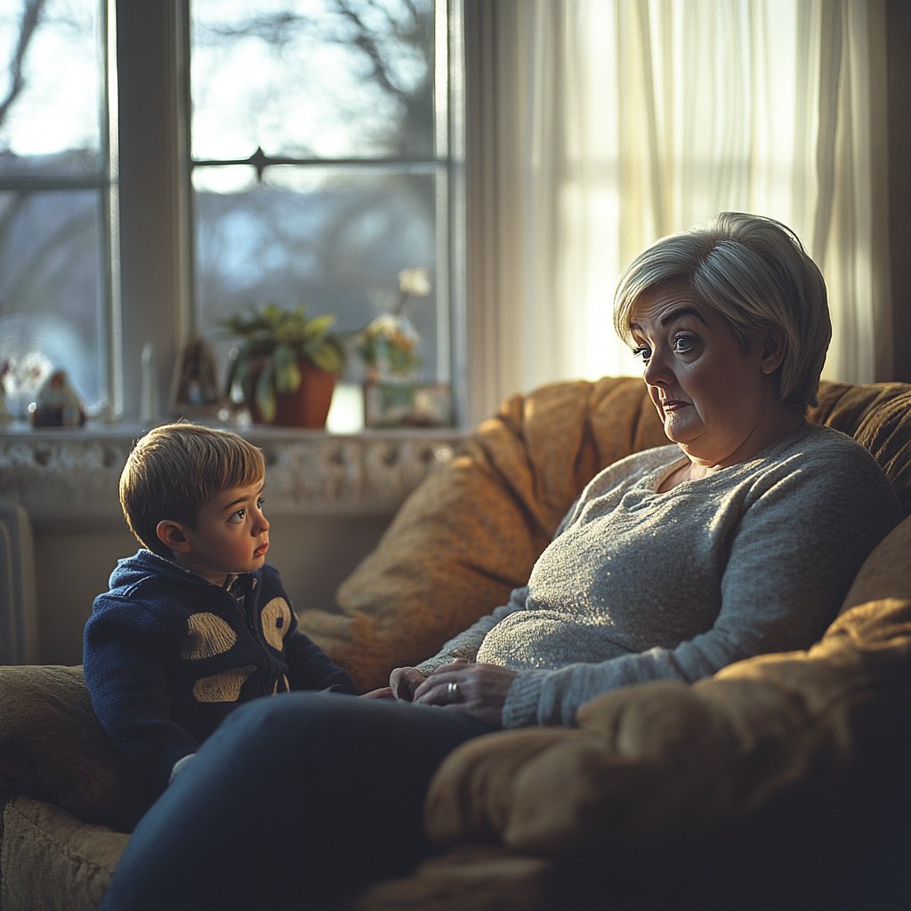 A stressed and distracted woman sitting on a couch while a little boy looks at her | Source: Midjourney
