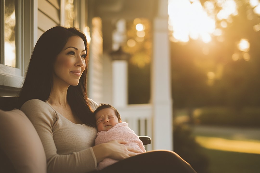 A woman sits on a porch holding a baby in a pink blanket looking emotional | Source: Midjourney