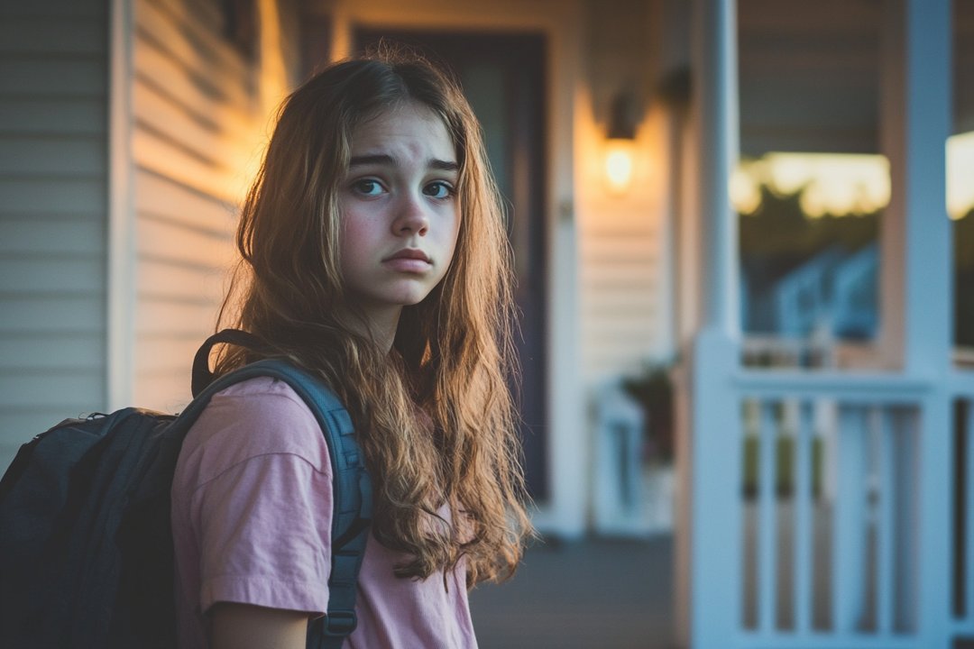 A sad teen girl standing on a porch | Source: Midjourney