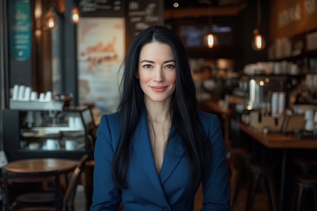 A woman in a coffee shop, smiling | Source: Midjourney