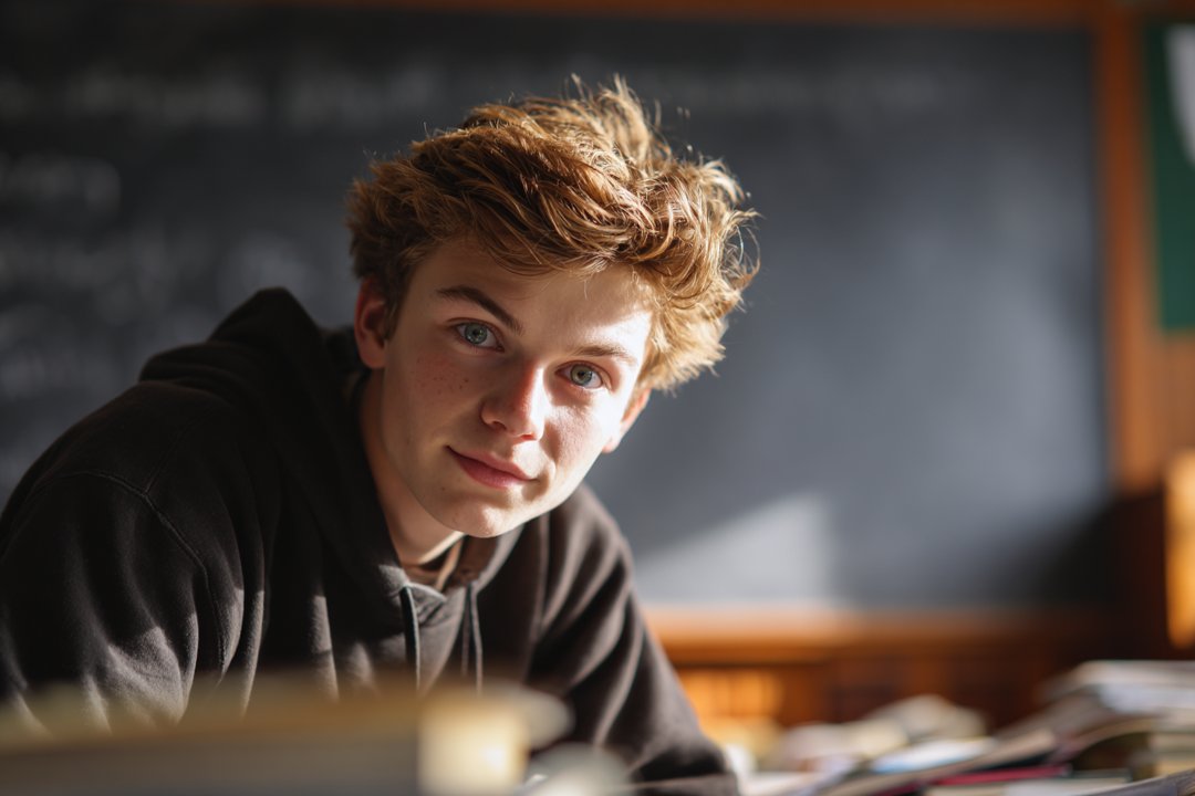 A boy in a classroom | Source: Midjourney