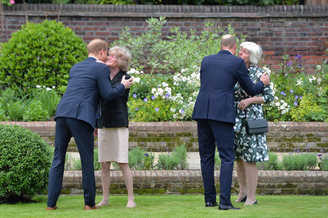 Prince William and Prince Harry greet their aunts, Lady Sarah McCorquodale and Lady Jane Fellowes, at the unveiling of Princess Diana’s statue in Kensington Palace's Sunken Garden in London, on July 1, 2021. | Source: Getty Images