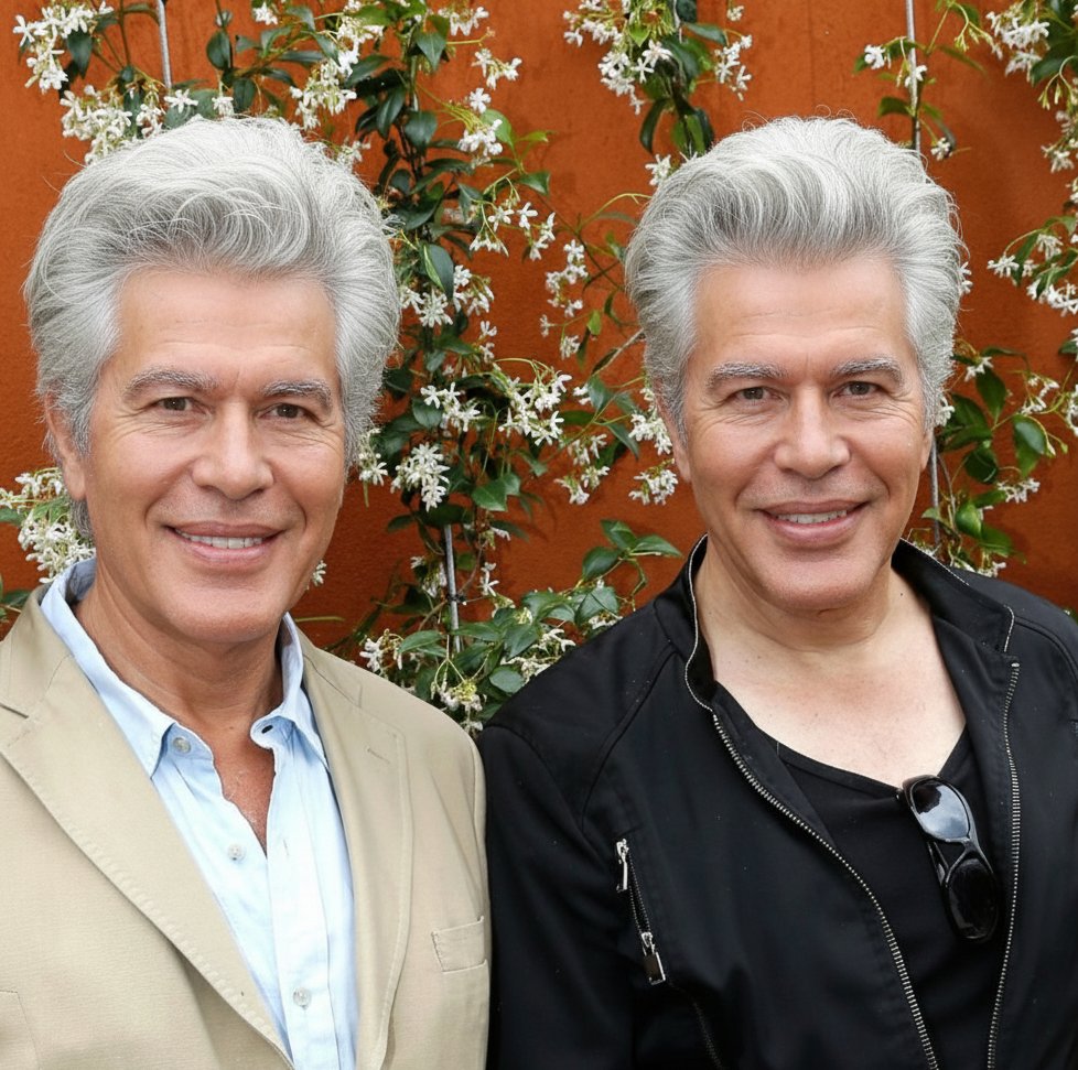 Igor and Grichka Bogdanoff’s black hair has naturally turned gray, as have their eyebrows. As they smile, their lips appear natural without puffiness, and their cheeks form a gentle, natural curve — features reminiscent of how they might have looked without cosmetic surgery. | Source: Gemini AI.