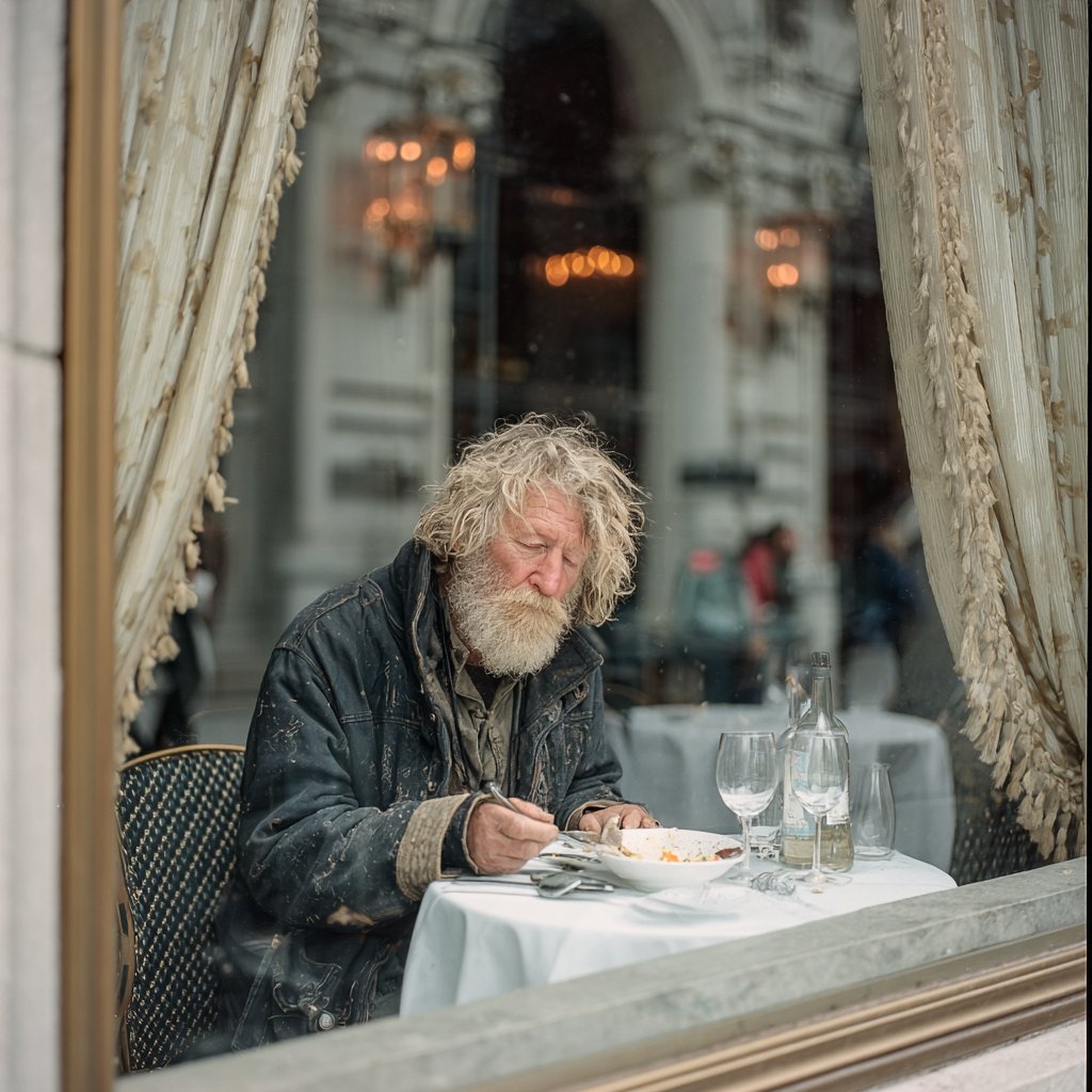 A homeless man eating | Source: Midjourney