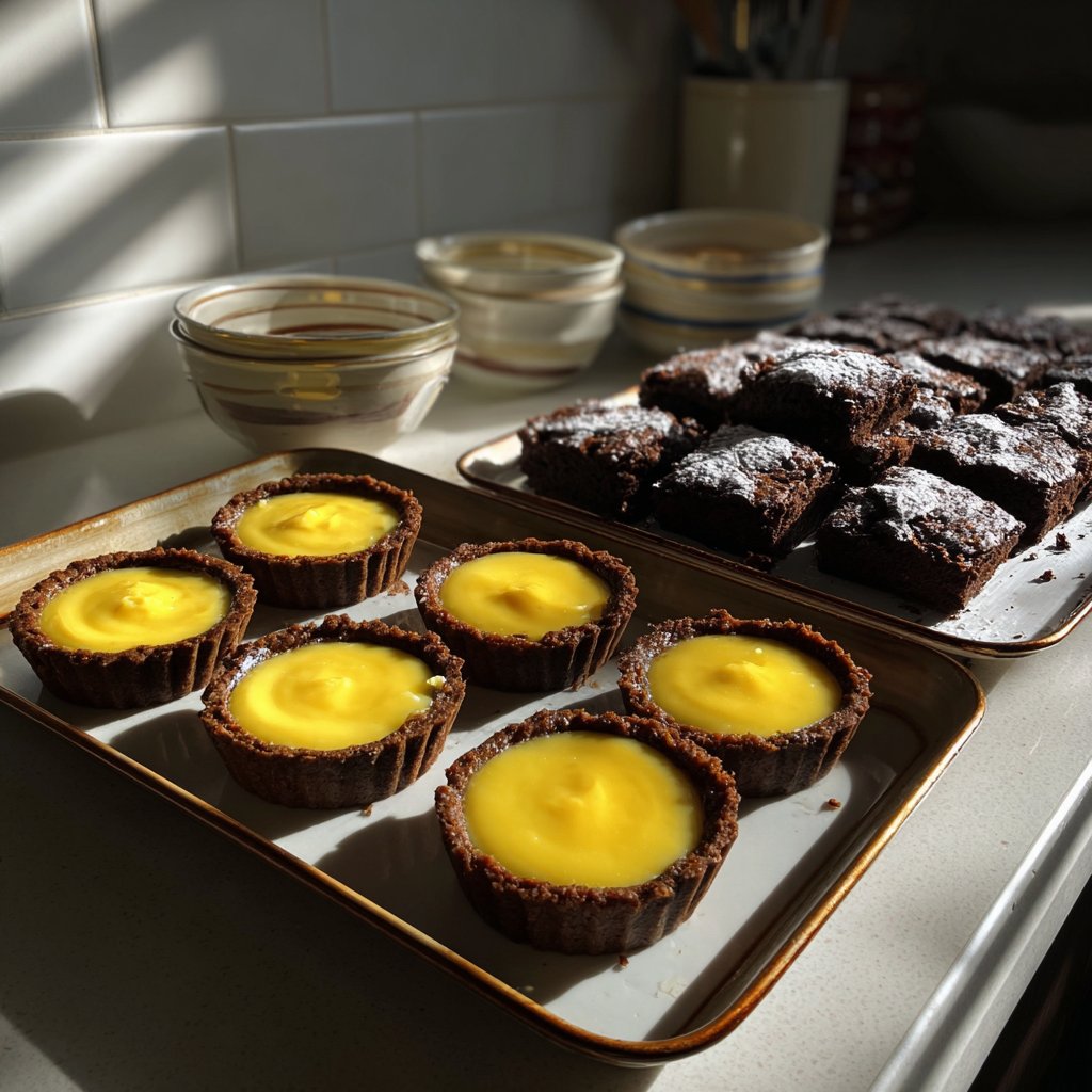Lemon curd pies and chocolate brownies on a kitchen counter | Source: Midjourney