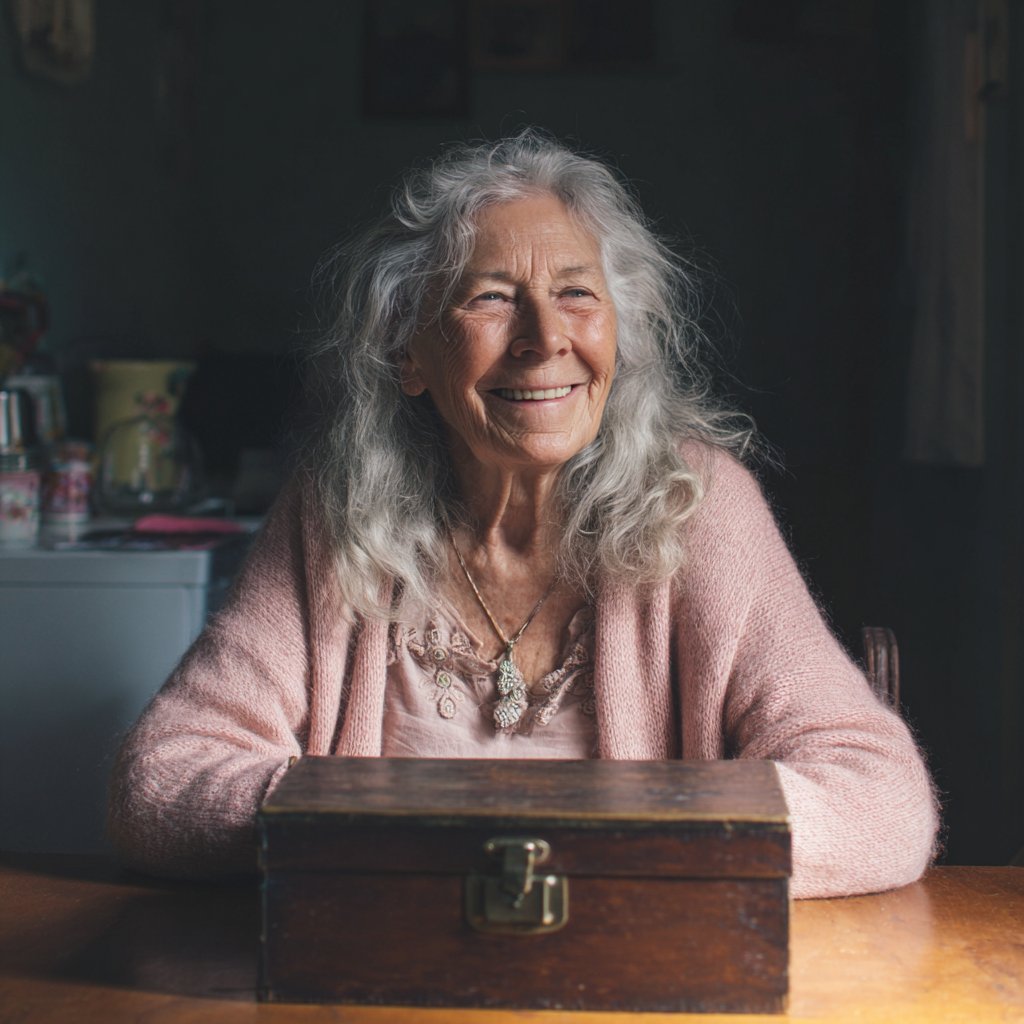A smiling old woman sitting at a table | Source: Midjourney