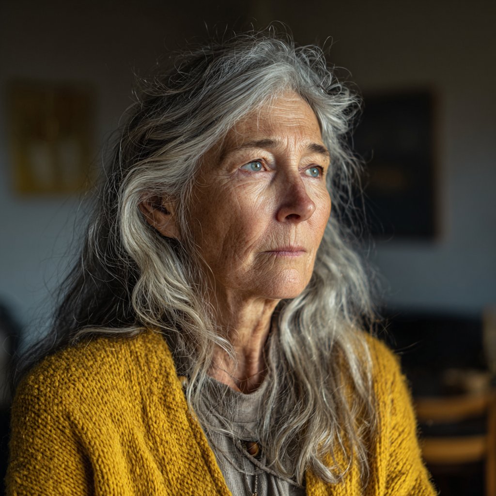 A worried old woman standing in a living room | Source: Midjourney