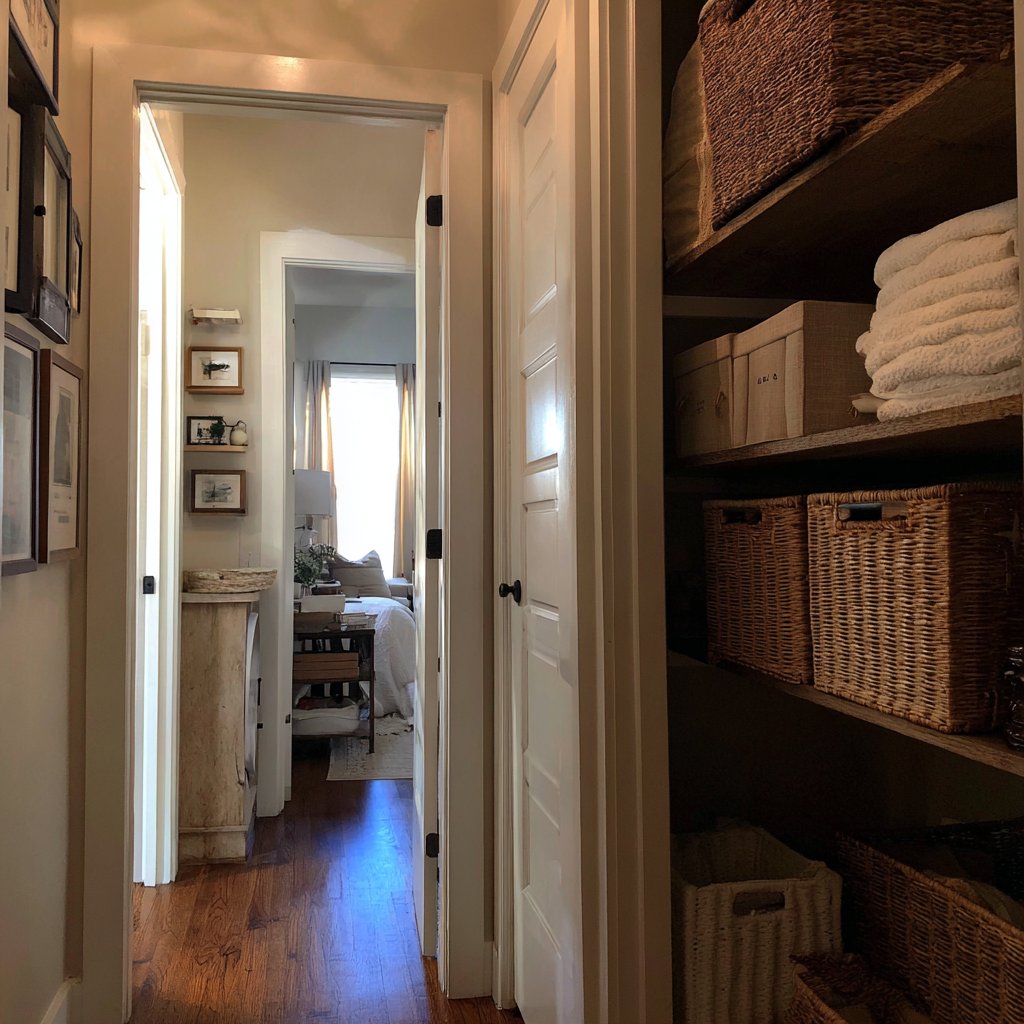 A linen closet in a hallway | Source: Midjourney