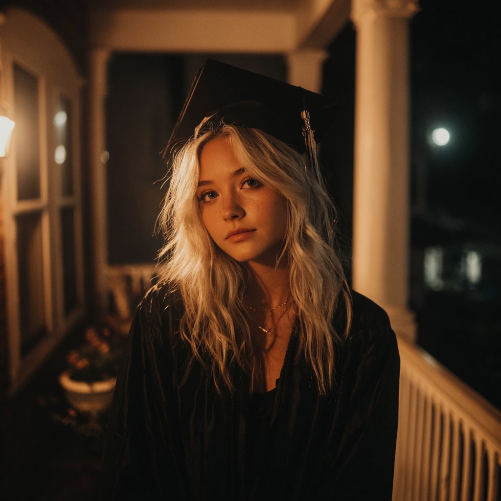 A teenage girl standing on a porch in her graduation outfit | Source: Midjourney