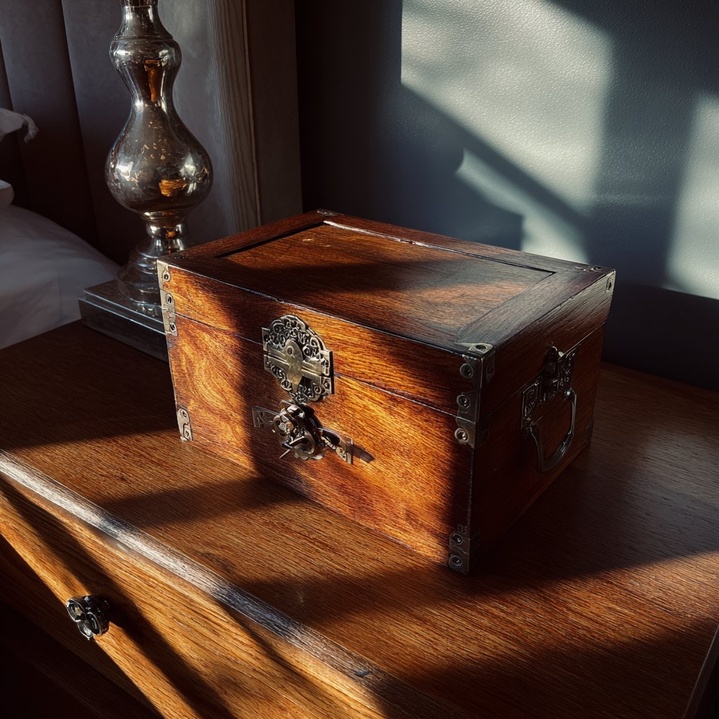 A wooden box on a bedside table | Source: Midjourney