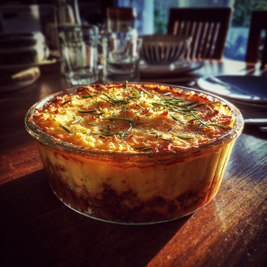 A cottage pie in a glass casserole | Source: Midjourney