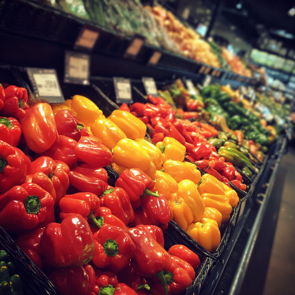A fresh pepper display in a store | Source: Midjourney