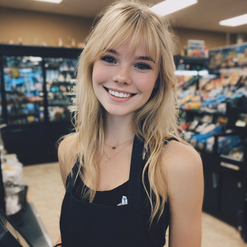 A young woman working at a grocery store | Source: Midjourney