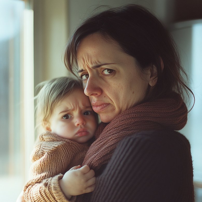 A sickly woman struggling with a baby | Source: Midjourney