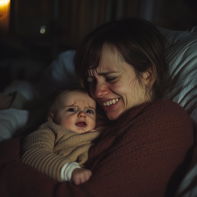 A sickly woman laughing while holding her baby | Source: Midjourney