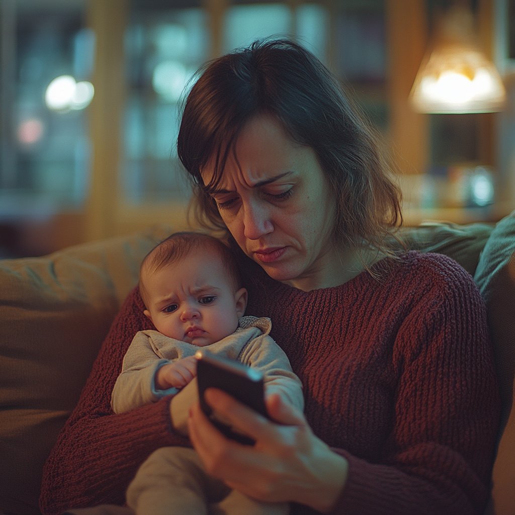 A woman holding a baby and texting | Source: Midjourney