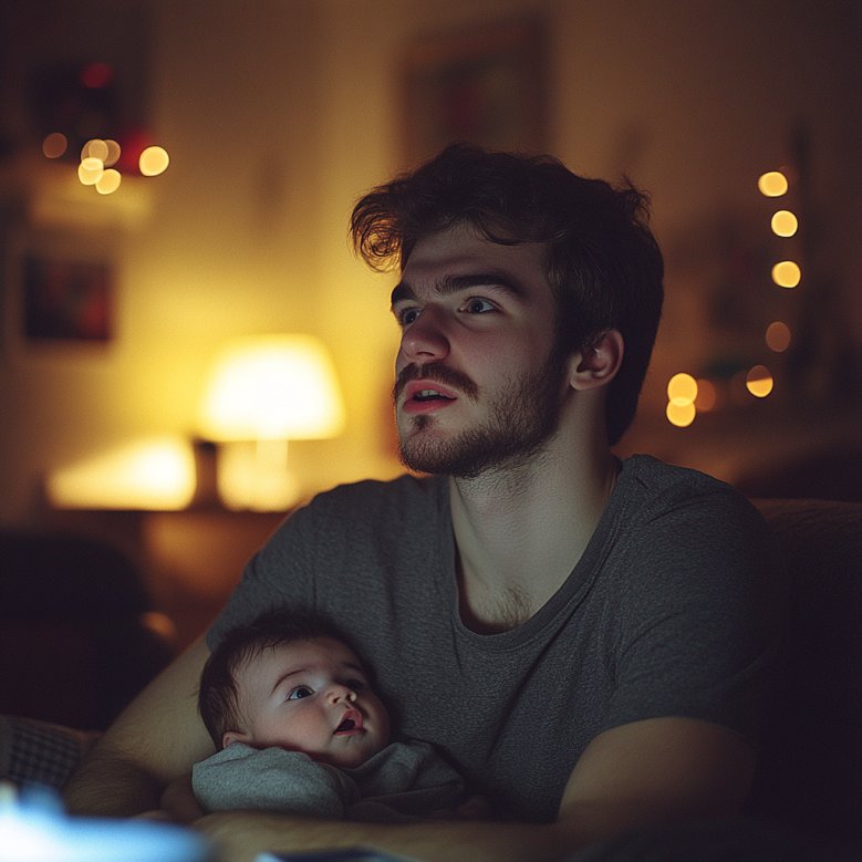 A shocked man holding a baby | Source: Midjourney