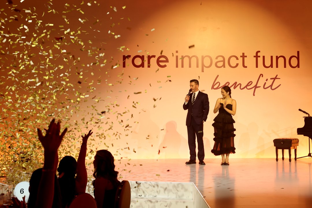 Jimmy Kimmel and Laufey speak onstage during the Rare Impact Fund Benefit held at Nya Studios in California on October 29, 2025. | Source: Getty Images