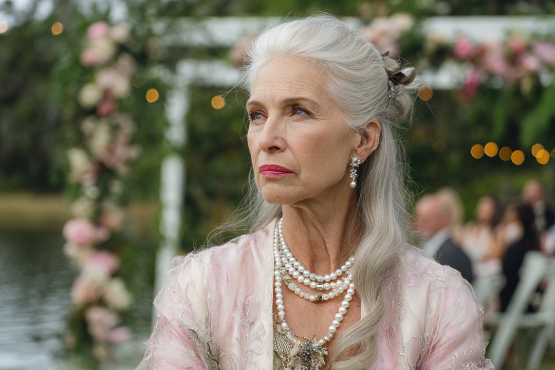 An older woman standing in an outdoor wedding | Source: Midjourney