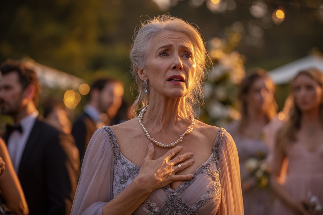 An older woman standing with her hand on her chest | Source: Midjourney