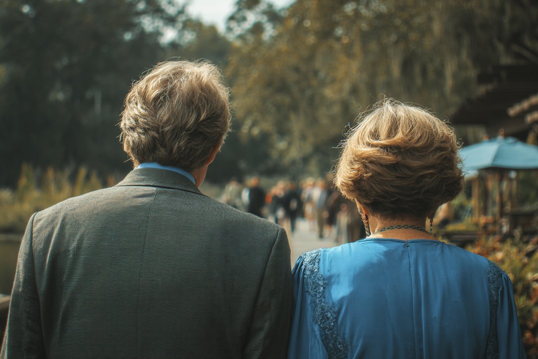 An older man walking with an older woman | Source: Midjourney