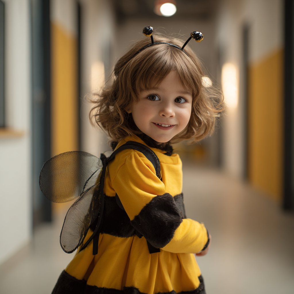 A little girl standing in the hallway of a building and smiling | Source: Midjourney