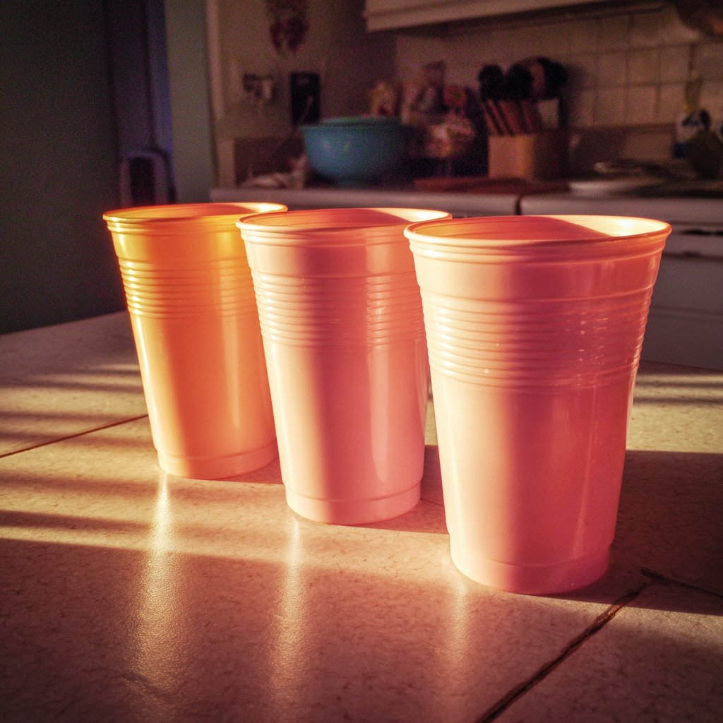 Plastic cups on a kitchen counter | Source: Midjourney