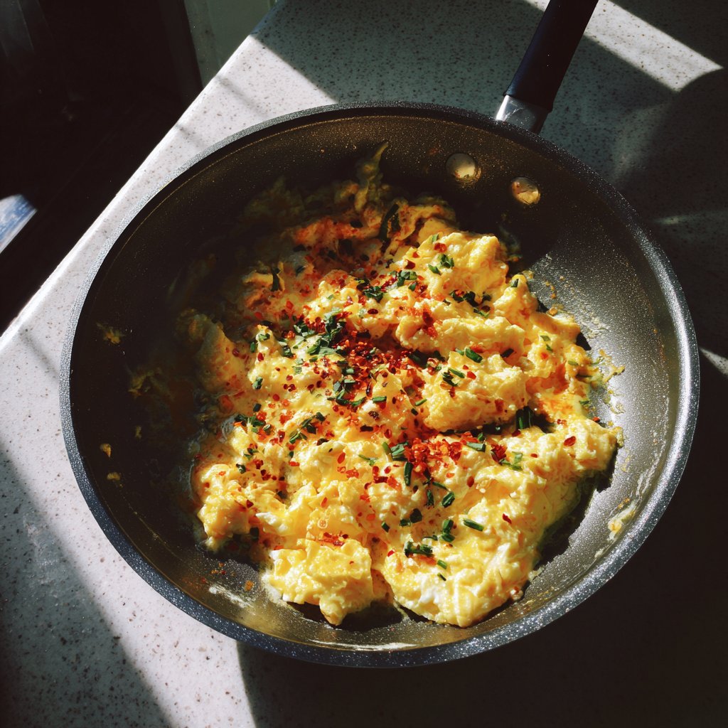 Scrambled eggs in a pan | Source: Midjourney