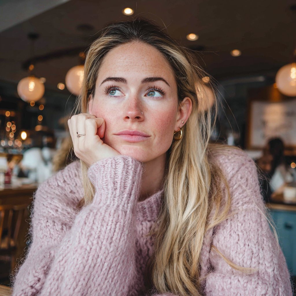 An emotional woman sitting in a coffee shop | Source: Midjourney