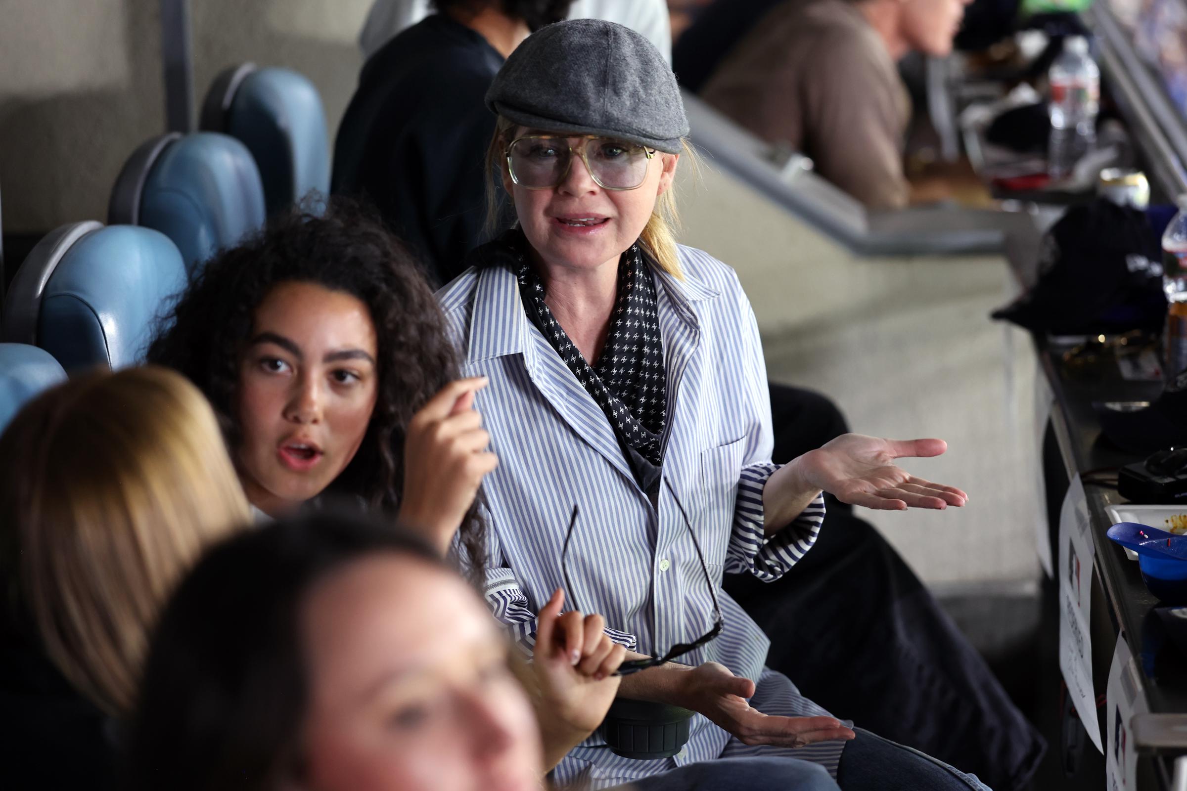 Ellen Pompeo looks on during Game Five of the World Series presented by Capital One between the Toronto Blue Jays and the Los Angeles Dodgers at Dodger Stadium on October 29, 2025 in Los Angeles, California | Source: Getty Images