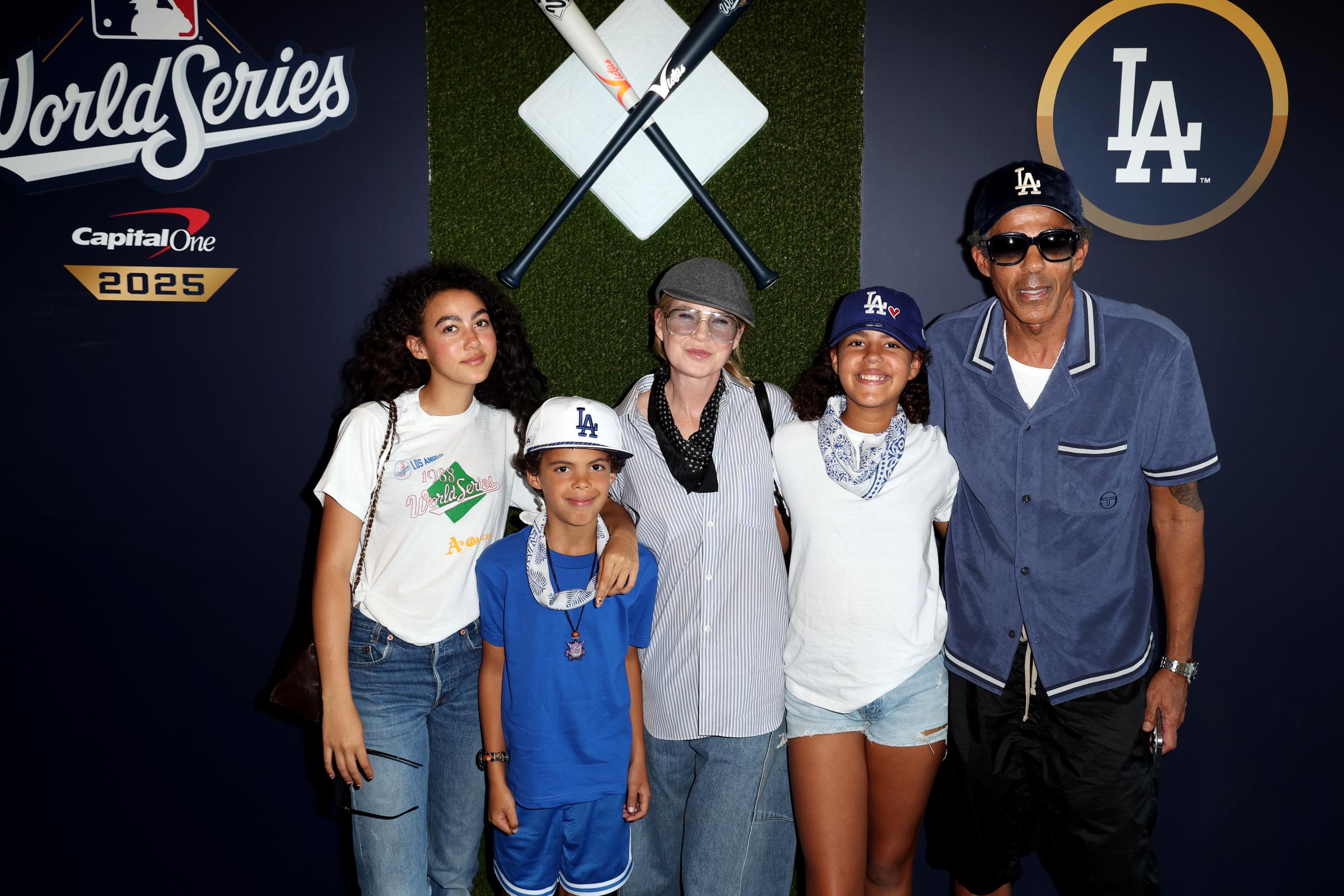 Ellen Pompeo and Chris Ivery pose for a photo with their family prior to Game Five of the 2025 World Series presented by Capital One between the Toronto Blue Jays and the Los Angeles Dodgers at Dodger Stadium on October 29, 2025 in Los Angeles, California | Source: Getty Images