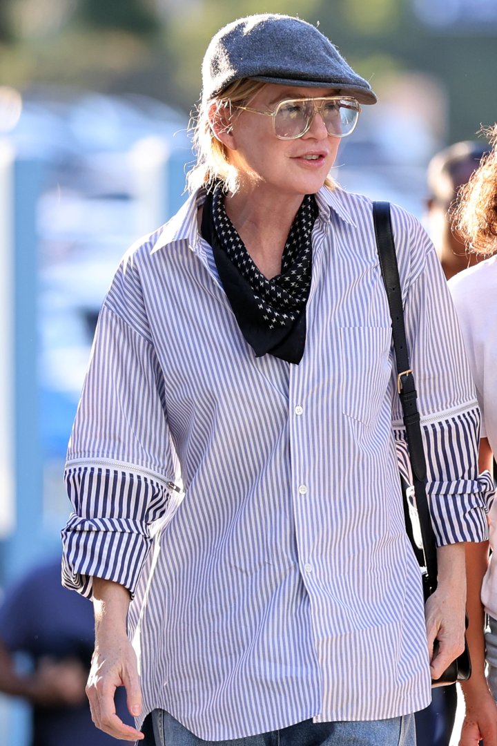 Ellen Pompeo arrives at Dodger Stadium prior to Game Five of the 2025 World Series presented by Capital One between the Toronto Blue Jays and the Los Angeles Dodgers | Source: Getty Images