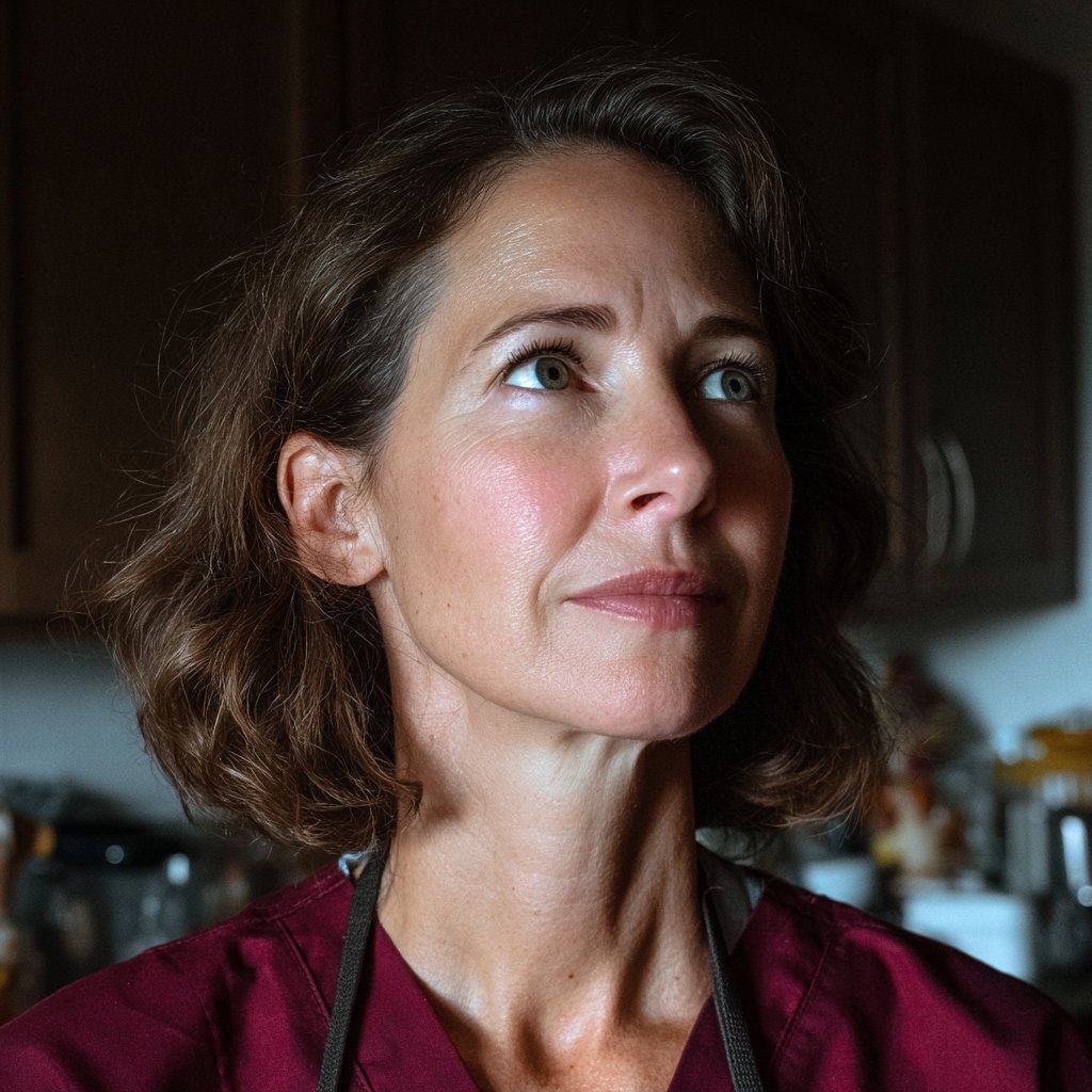 A woman standing in her kitchen wearing maroon scrubs | Source: Midjourney