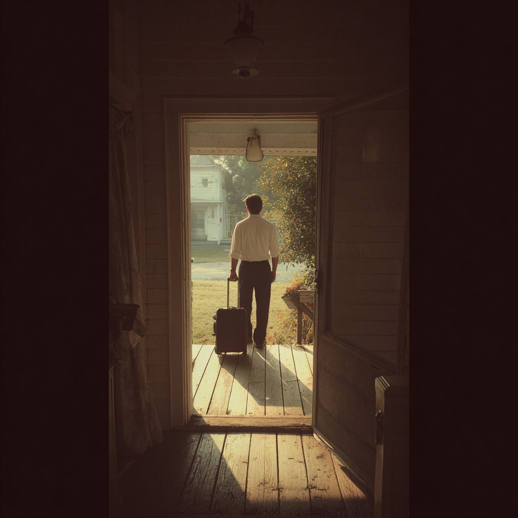 A man standing on a porch with a suitcase | Source: Midjourney