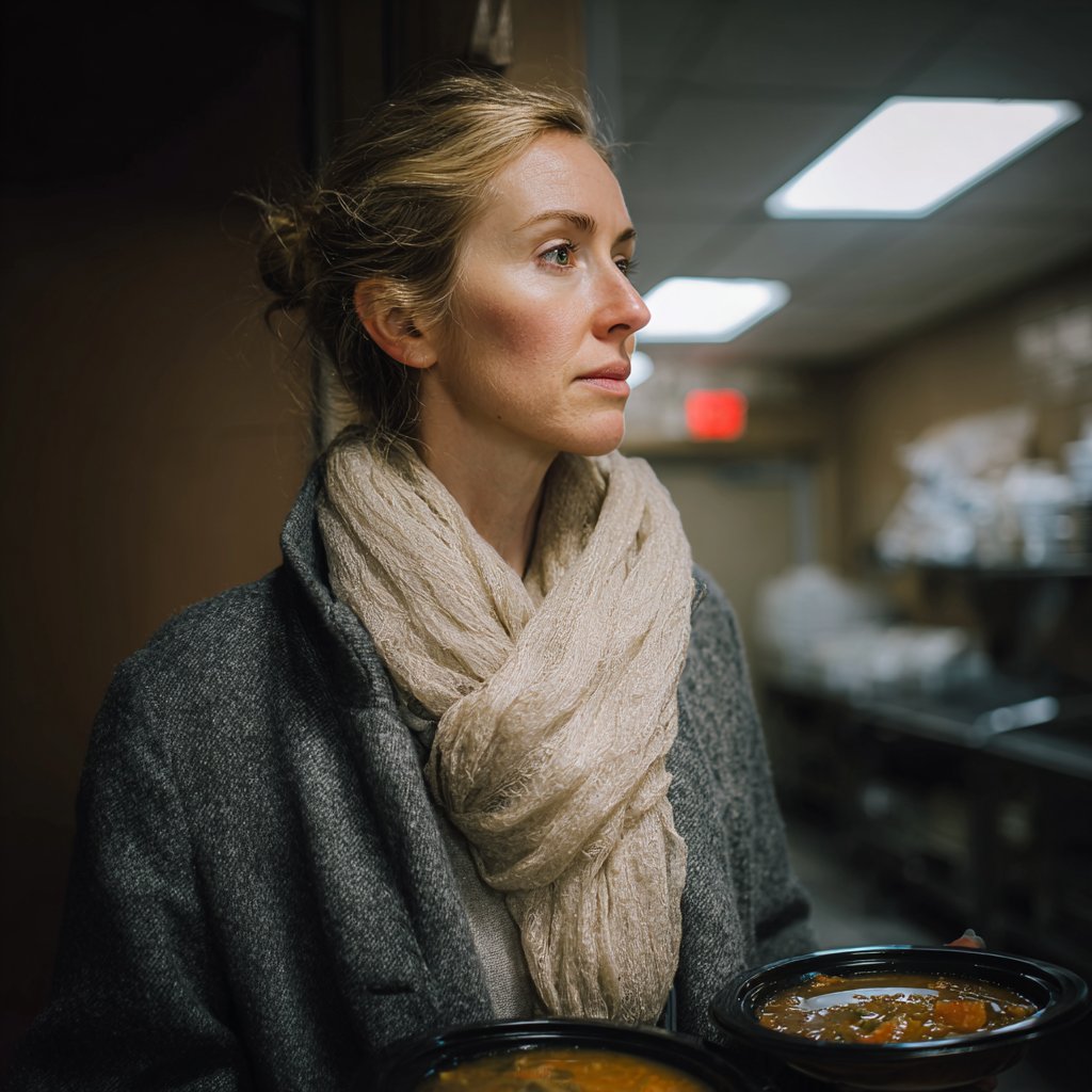 A woman holding two plates of soup | Source: Midjourney