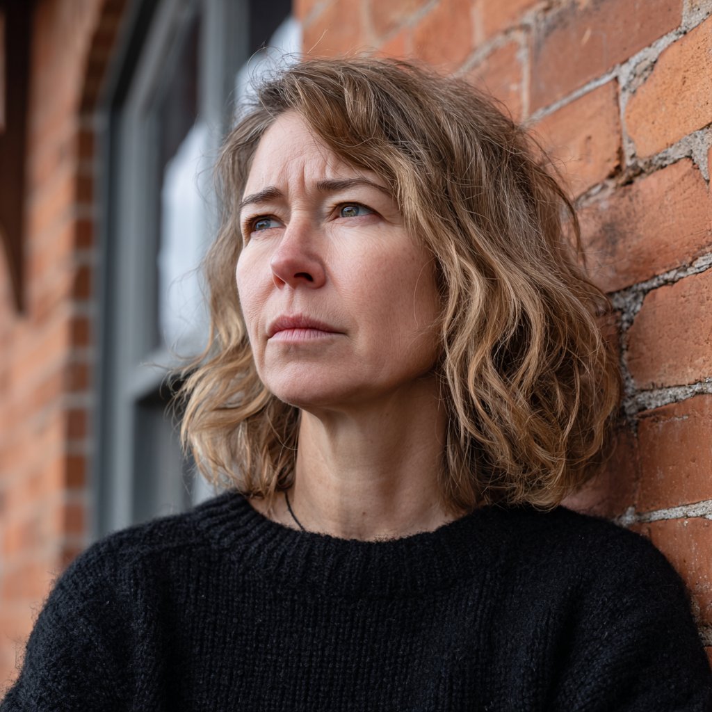 A concerned woman leaning against a wall | Source: Midjourney
