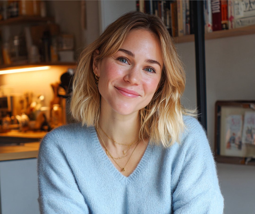 A smiling woman wearing a blue cardigan | Source: Midjourney