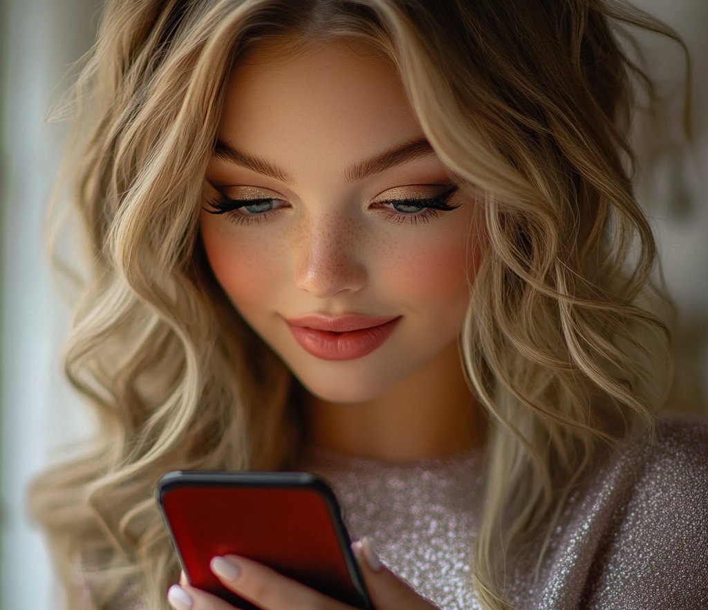 A woman looking at her phone and smiling | Source: Midjourney