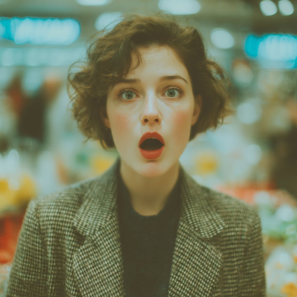 A shocked woman at a grocery store | Source: Midjourney