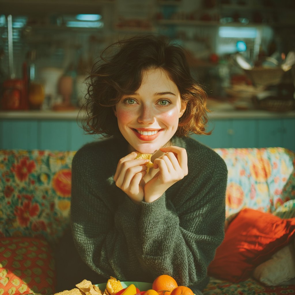 A happy woman eating snacks | Source: Midjourney