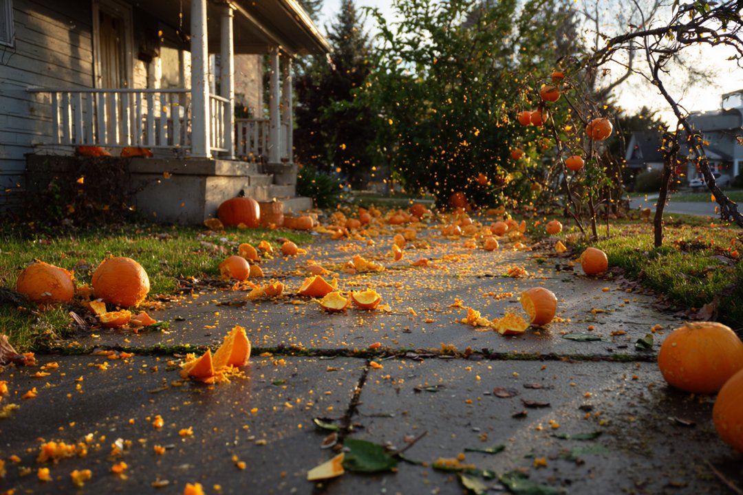 Smashed pumpkins outside a house | Source: Midjourney