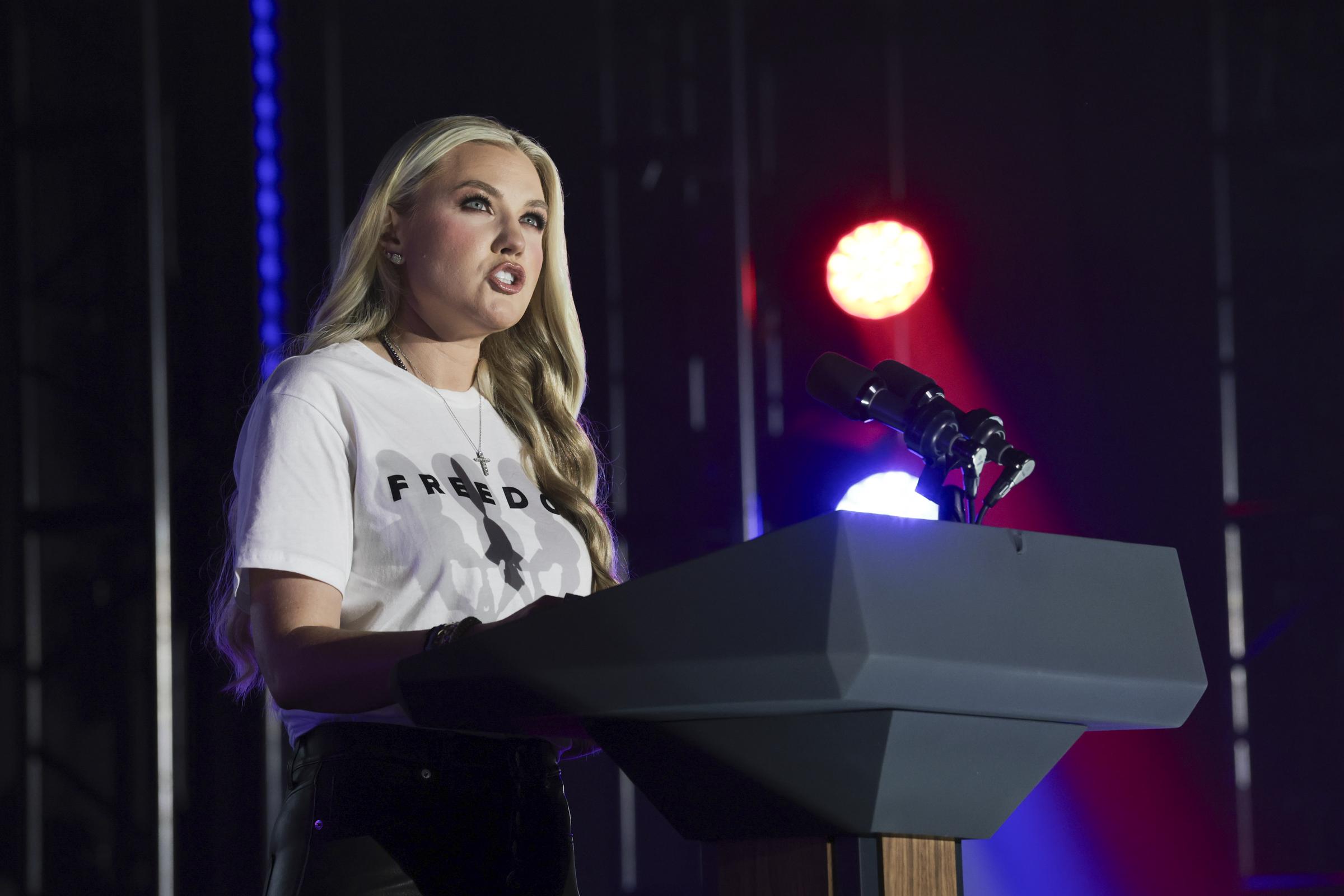 Erika Kirk speaks onstage at the Turning Point USA event held at the University of Mississippi, in Oxford on October 29, 2025. | Source: Getty Images