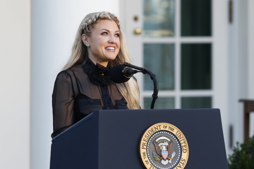 Erika Kirk speaks at the Medal of Freedom Ceremony for her late husband, Charlie Kirk in the Rose Garden of the White House in Washington, DC, on October 14, 2025 | Source: Getty Images