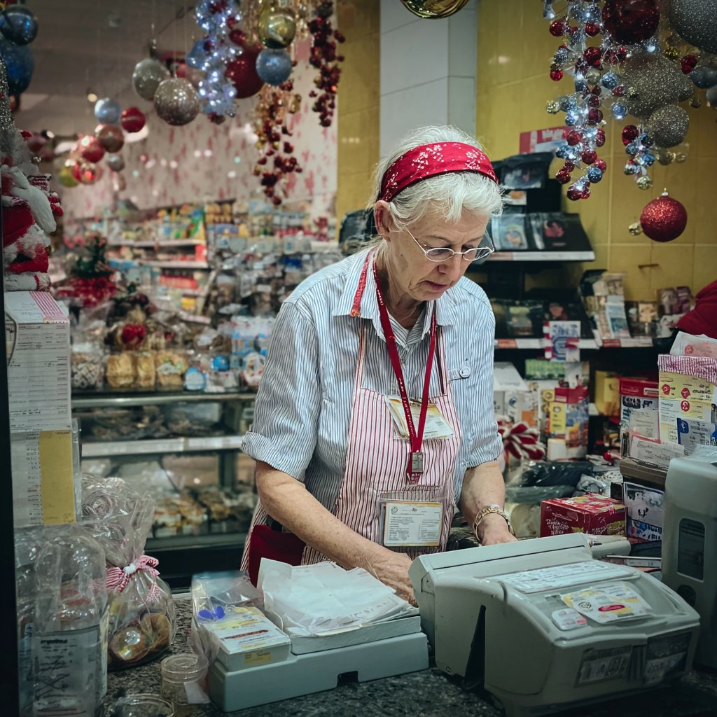 An old woman standing at a checkout aisle | Source: Midjourney