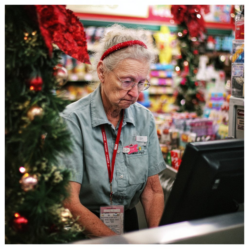 An embarrassed older woman standing at a cash register | Source: Midjourney