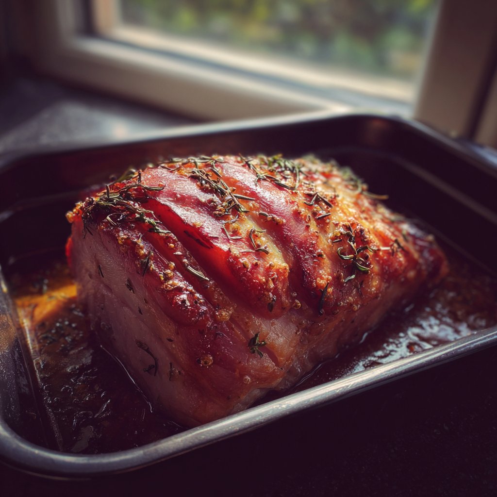 A roasted ham in an oven tray | Source: Midjourney