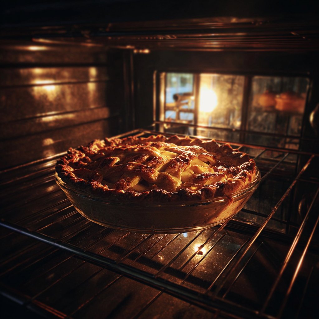 An apple pie in an oven | Source: Midjourney