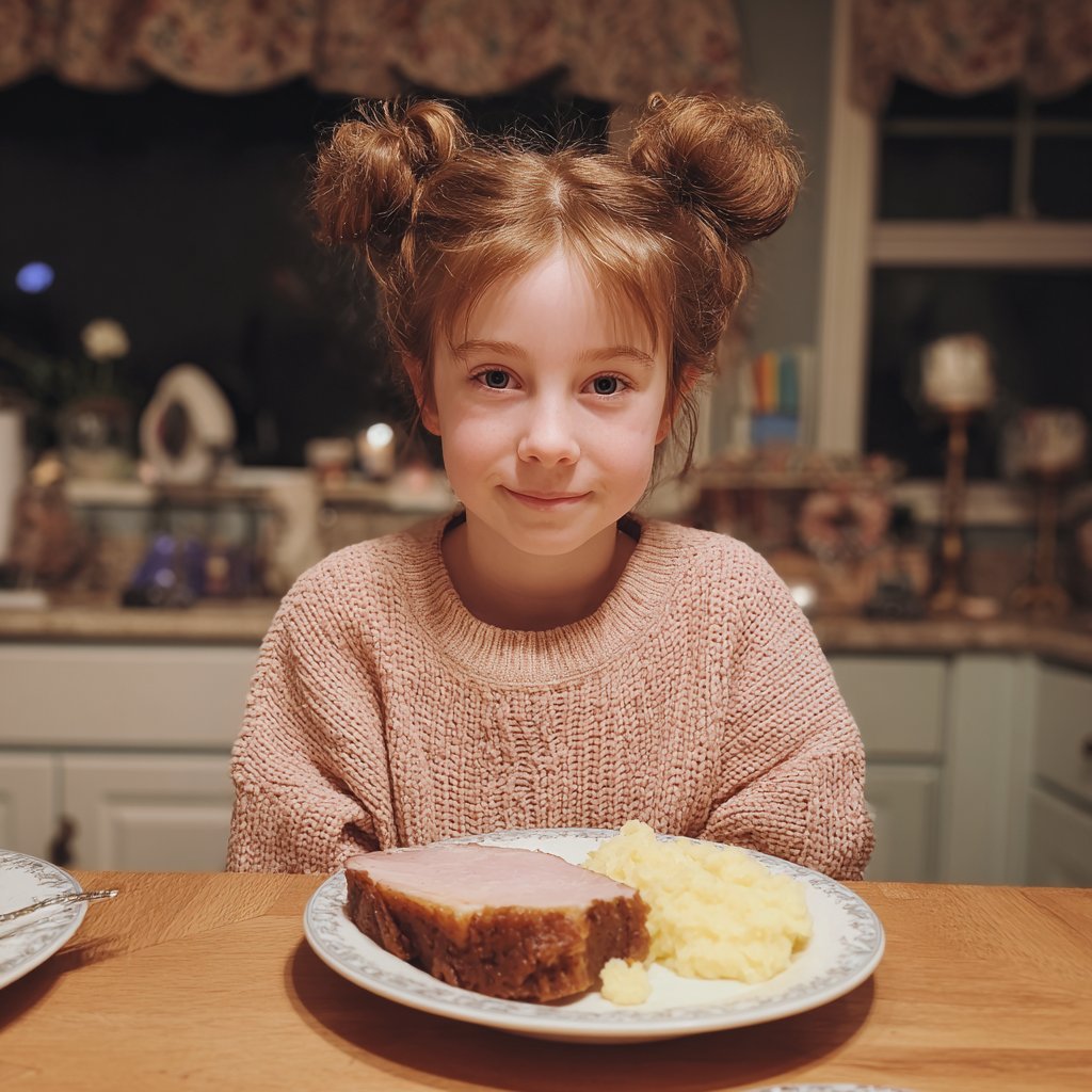 A smiling little girl sitting at a kitchen table | Source: Midjourney
