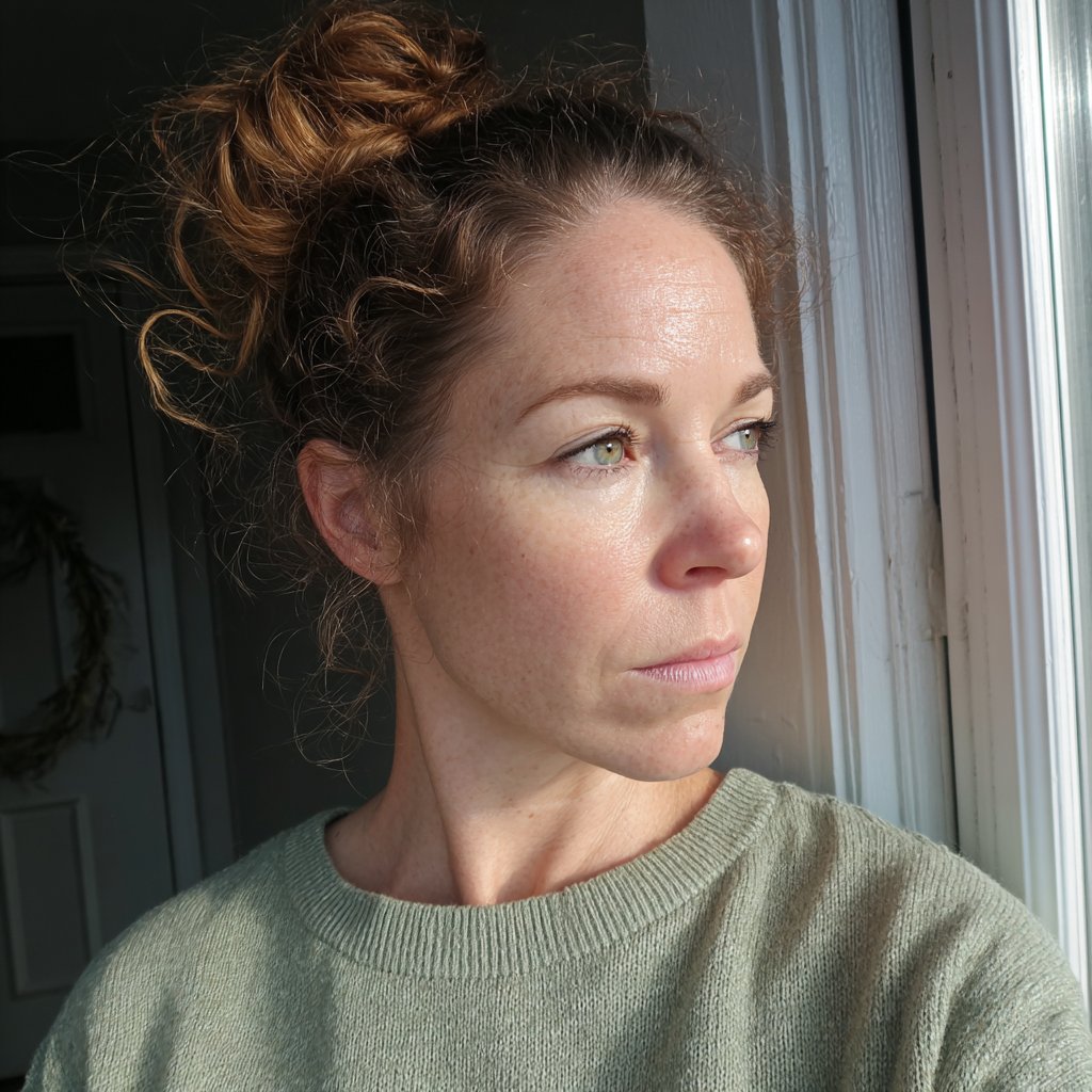 A worried woman standing at her front door | Source: Midjourney